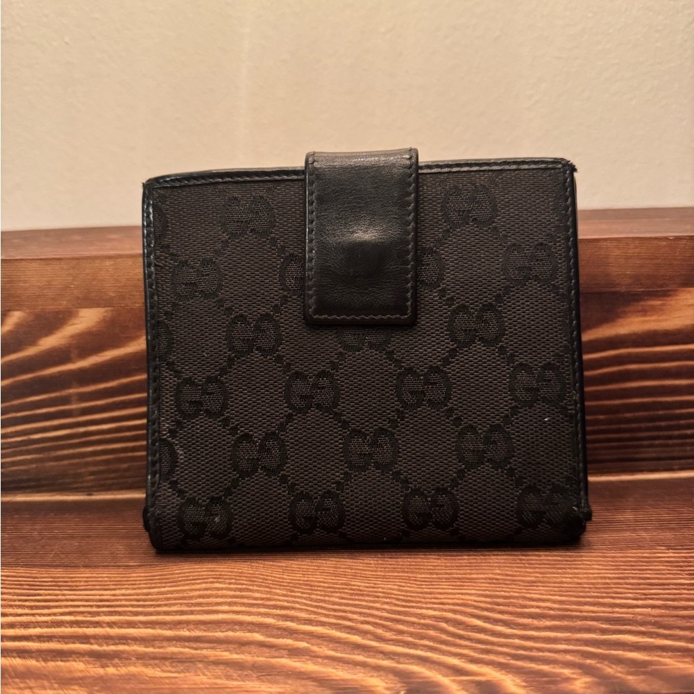 Gucci Black GG Canvas Leather Bifold Wallet Silver Logo Bar Made in Italy - Picture 2 of 8